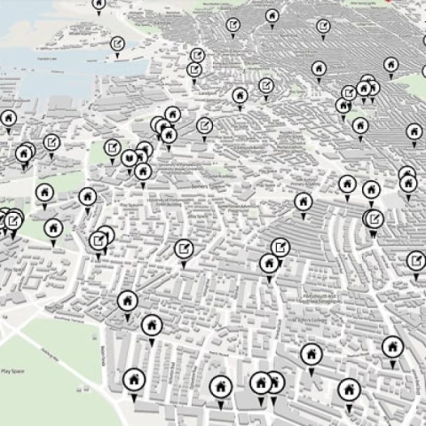 Map with pins of Portsmouth Literary map