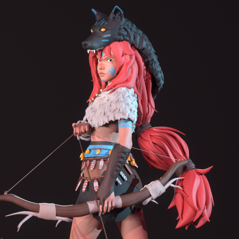 A stylised 3D character stands in profile wearing a wolf headpiece with glowing eyes, white fur around the shoulders, blue body paint, and holding a bow.