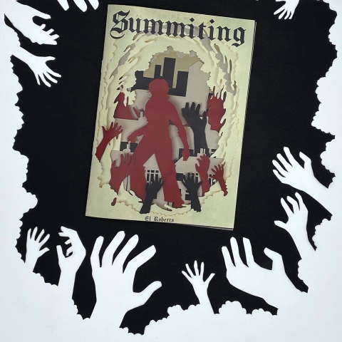 A stylised poster titled “Summoning,” showing a red figure surrounded by reaching red hands, framed by a black border filled with white hand silhouettes pointing inward.