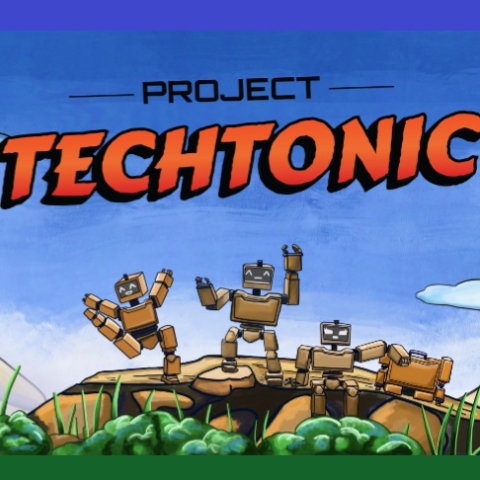 3 illustrated robots are coming over a hill they are happy and cheering in a variety of cheerful poses