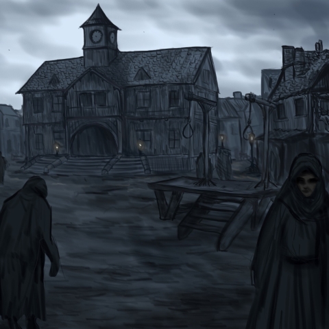 Video game concent art which looks like a medieval town hall with cloaked villagers surrounded it. some torches are lit.