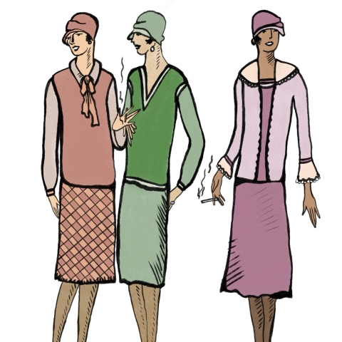 Three figures in 1920s fashion wearing cloche hats and knee‑length dresses—one in pink and patterned skirts, one in green with a deep V neckline, and one in lavender with black trim—two holding cigarettes