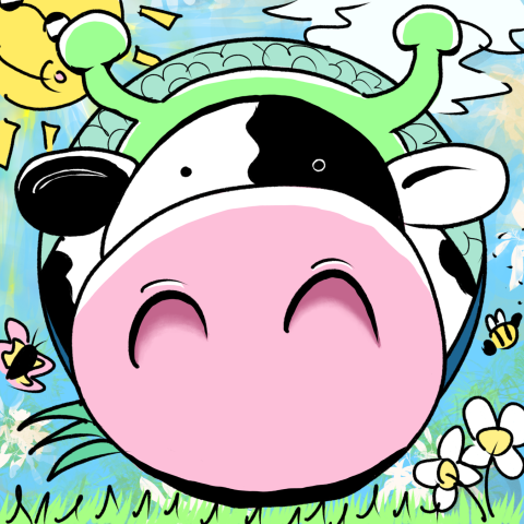 A colourful cartoon of an upside‑down cow with Shrek‑like green antennae, smiling against a bright sky with sun, clouds, grass, flowers, and bees.