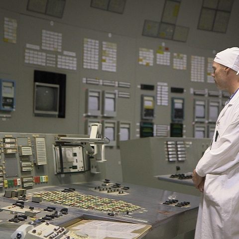 Professor Jim Smith in the Chernobyl control room of Reactor 3