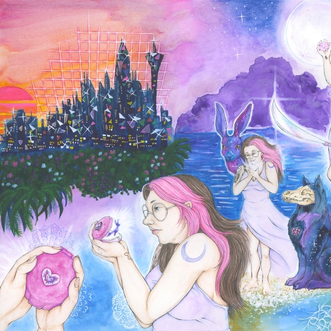 A colourful fantasy scene with three pink‑haired figures using glowing magical objects, accompanied by large purple animal‑like creatures, set against a sky shifting from sunset to moonlit night with a futuristic city on one side and waves on the other.