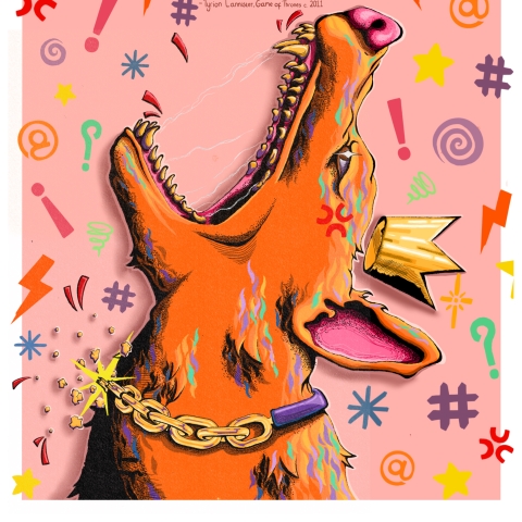 A bright, stylised illustration of an orange‑and‑pink dog wearing a gold crown and chain, barking amid colourful symbols, with a bold quote about putting a crown on a dog.