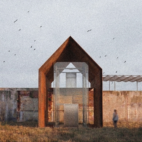 an image render of Rust‑coloured metal house‑frame structure with a clear cube inside, standing in a dry grassy field against a worn concrete wall. A person is on the right and birds fly overhead.