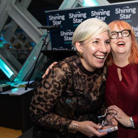 Nicola Crowson with one of Sarcoma UK’s celebrity ambassadors Angela Barnes at the awards ceremony 