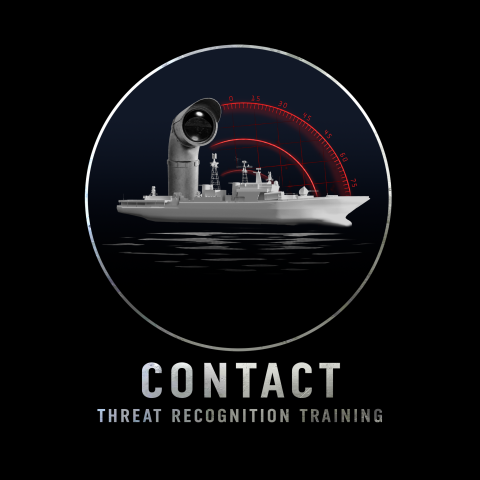logo for game called "contact" - the logo features a submarine with an oversized periscope coming out of it. it says "contact - theat recognition training