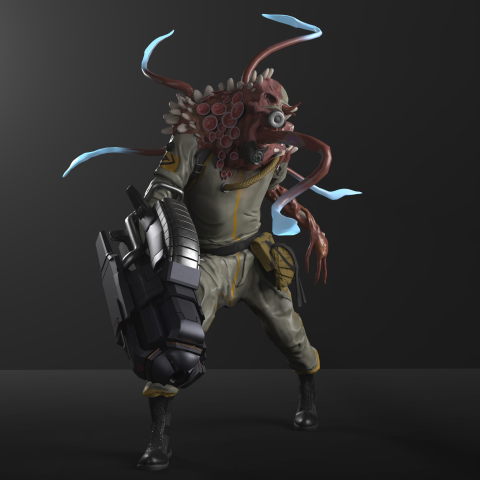 A humanoid figure in a grey‑green suit with yellow accents, a red tentacled head, a large mechanical weapon for a right arm, and blue energy ribbons extending from its back, shown against a dark background.