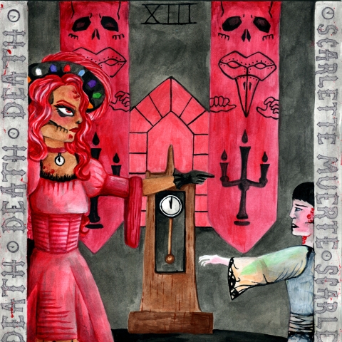 A gothic tarot‑style illustration labelled “XIII,” showing a tall red‑dressed skeletal figure beside a grandfather clock, with skull banners, fallen figures on the floor, and the borders reading “DEATH” and “SCARLET MURDER.”