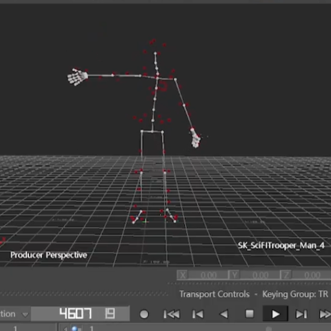 3D animation interface showing a humanoid skeletal rig on a grid, with joints and bones visible as the model is posed for motion editing.