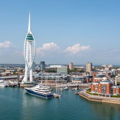 Aerial view of Portsmouth, with the Spinnaker tower in the forefront
