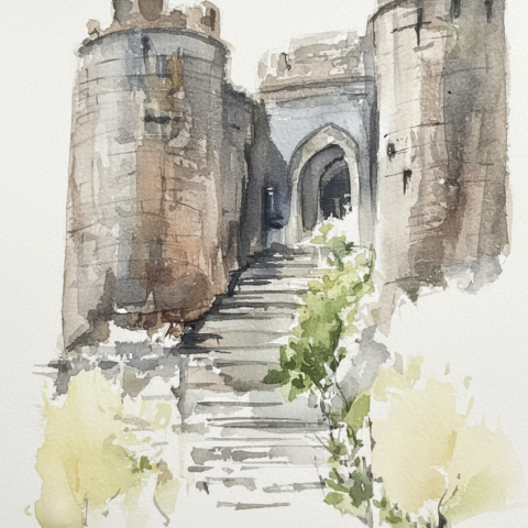 A soft watercolor of a stone fort entrance with steps climbing upward, framed by greenery and weathered walls.