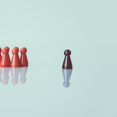 Group of red counters and one brown one