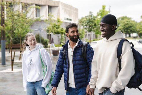 Students walking and laughing