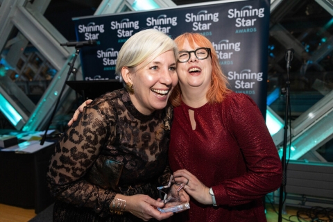 Nicola Crowson with one of Sarcoma UK’s celebrity ambassadors Angela Barnes at the awards ceremony 