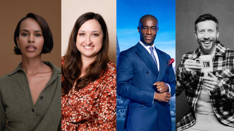 Four of the recipients of University of Portsmouth Honorary Doctorates in 2025. From left to right headshots of Sabrina Dhowre Elba, Alice Hendy MBE, Tim Campbell MBE, and Sam Matterface