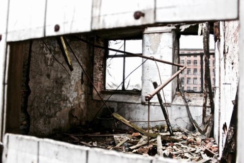 A room in an abandoned building which has been destroyed