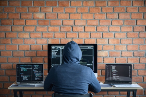 Back of person wearing a hoodie working on a laptop