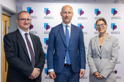 Professor Chris Louca, Minister of State for Care Stephen Kinnock MP, and Professor Sherria Hoskins at the Dental Academy