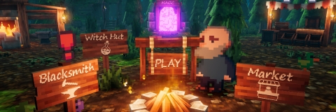 a screenshot from a videogame - a pixelated character stands around a fire pit. the is a sign next to him that says "play" and above that looks like a purple light up door