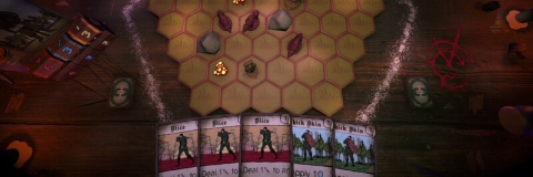 a video game featuring pieces on a hexagonal game board - the point of view of the player is holding cards
