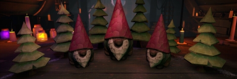 Computer Animated gnomes in a woodland setting all standing next to each other. there are 3 of them. 