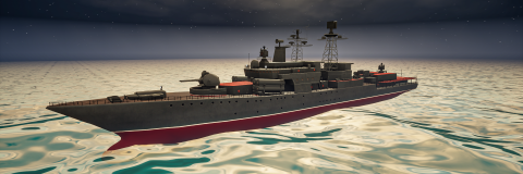 a computer animation of a battleship floating in the water at night-time