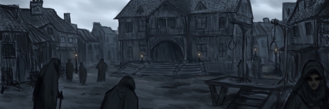 Video game concent art which looks like a medieval town hall with cloaked villagers surrounded it. some torches are lit.