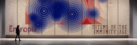 Large wall installation with blue and red concentric patterns, the word “Entropia” on the left, and a person walking past for scale.