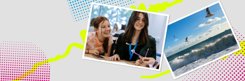 STUDENTS IN CLASSROOM AND SEASIDE SCENE