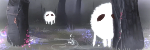 Two small glowing creatures with dark eyes standing in a misty forest, surrounded by softly lit plants and trees.