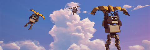 3 robots are flying in the sky holding parachutes. Clouds can be seen in the background