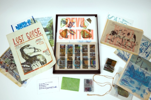 A curated arrangement of small printed artworks and papers on a white surface, including a framed piece titled “Devil Solution,” a booklet called “Lost Goose,” colourful prints, cards, and textured samples.