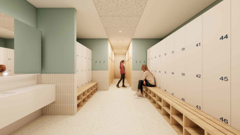 Interior changing area with benches and lockers 