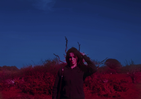 A person stands outdoors against a landscape of bushes and bare branches, the scene tinted with deep blue sky and red‑toned ground. They wear a dark jacket and raise one hand to their head as the branches frame their silhouette.
