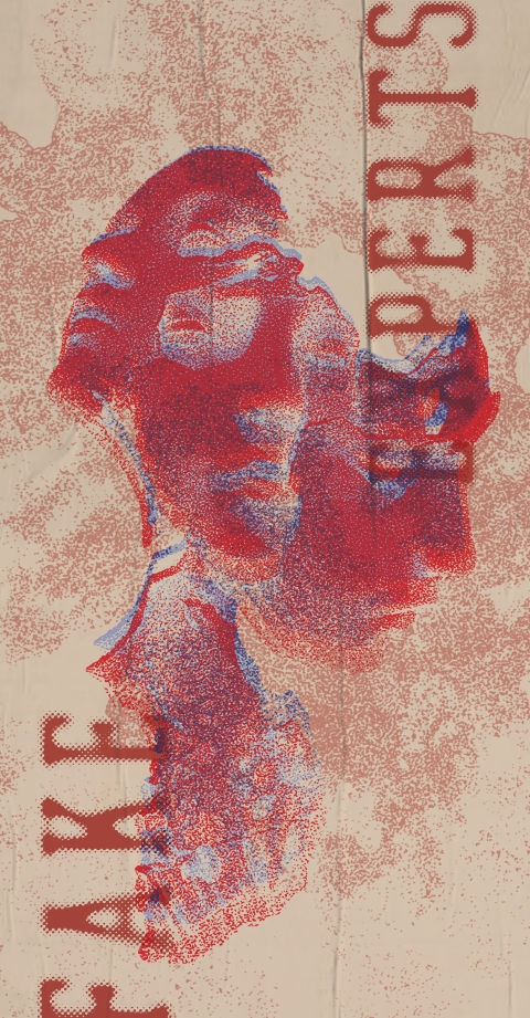 Portrait poster with a faded beige background and red illustration titled “Fake Experts,” styled like a misinformation totem.