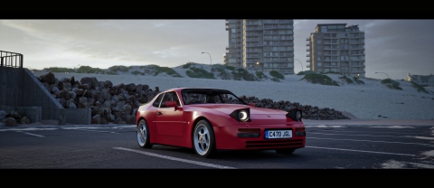 A Computer animated red Porsche win a car park in a snowy setting with buildings in the background. the headlights are open and the car faces towards us