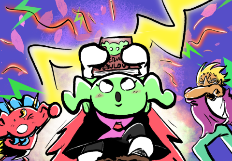 A bright cartoon scene with a green caped character holding a book, a spiky red creature on the left, and a yellow‑haired figure on the right, all set against a swirling, colourful background.