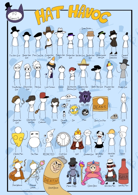 A poster featuring a grid of stick‑figure characters, each wearing a different hat or headpiece, under the title “Hat Havoc.”
