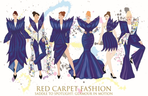 Illustrations of blue garment designed by Isabella Down. The Illustration shows many illustrated models in a variety of poses with the garment.
