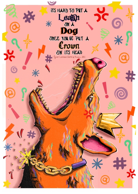 A bright, stylised illustration of an orange‑and‑pink dog wearing a gold crown and chain, barking amid colourful symbols, with a bold quote about putting a crown on a dog.