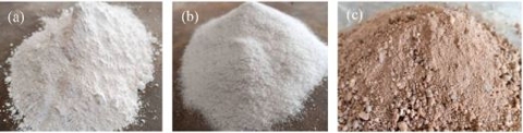 Images of raw materials: recycled glass particles and powder, lime and soil