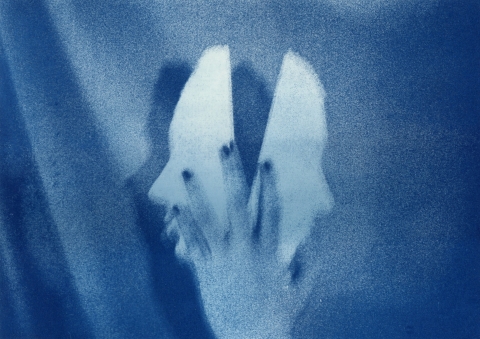 A blue‑toned image showing a split or mirrored human face with a hand near the dividing line