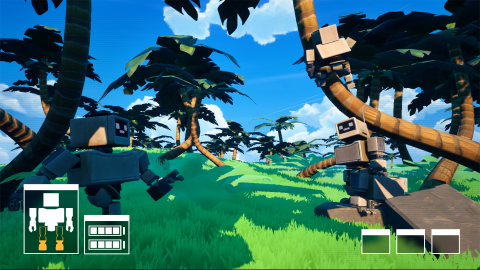 Two blocky robots stand in a bright tropical scene with palm trees and a small UI panel visible.