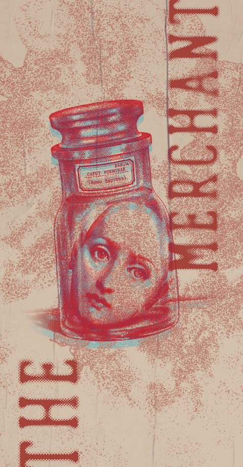 Portrait poster featuring a red stylised figure titled “The Merchant,” set against a textured beige backdrop.
