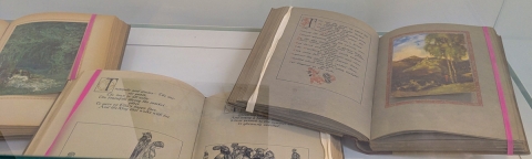 Photograph of the first floor Library display of three rare books illustrated by Willy Pogány