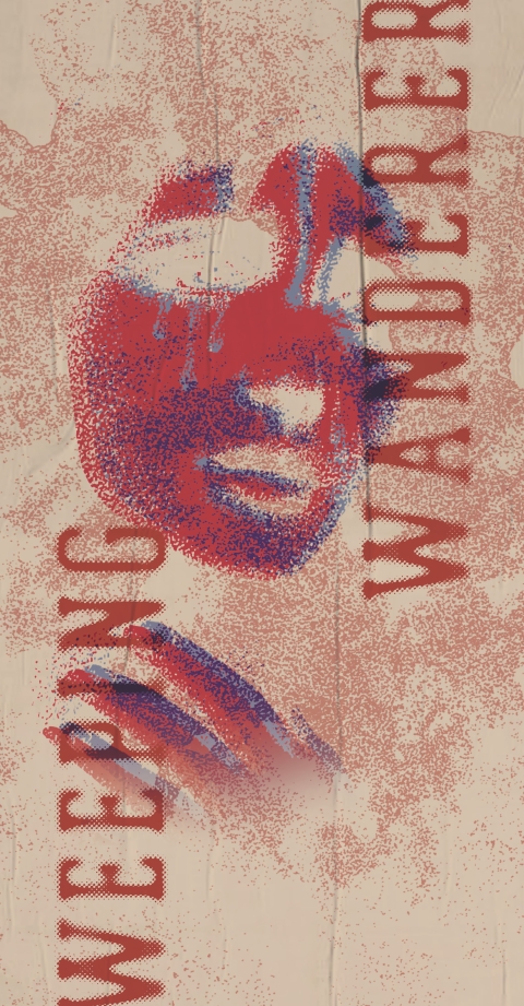 Portrait poster with a red anatomical heart‑like form titled “The Weeping Wanderer,” on a distressed beige background.