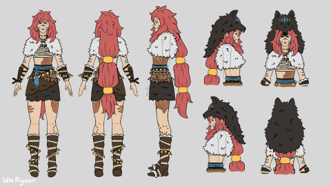 A character design sheet showing a red‑haired figure from multiple angles, wearing fur‑lined clothing, patterned accessories and leg wraps, with some views including a large black wolf headpiece.